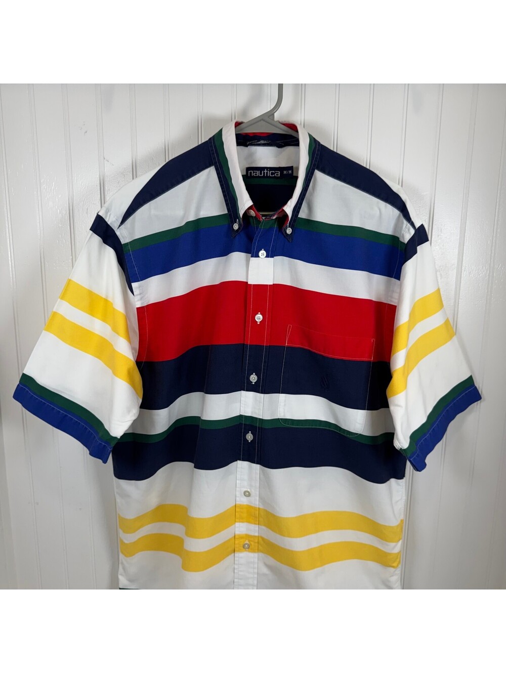 Vintage 90s Nautica Mens M Colorblock Stripe Shirt USA Made Cotton Sailing Yacht